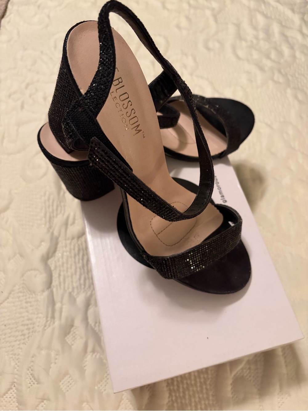 De Blossom Collection Black Sequin Strappy Block Heels